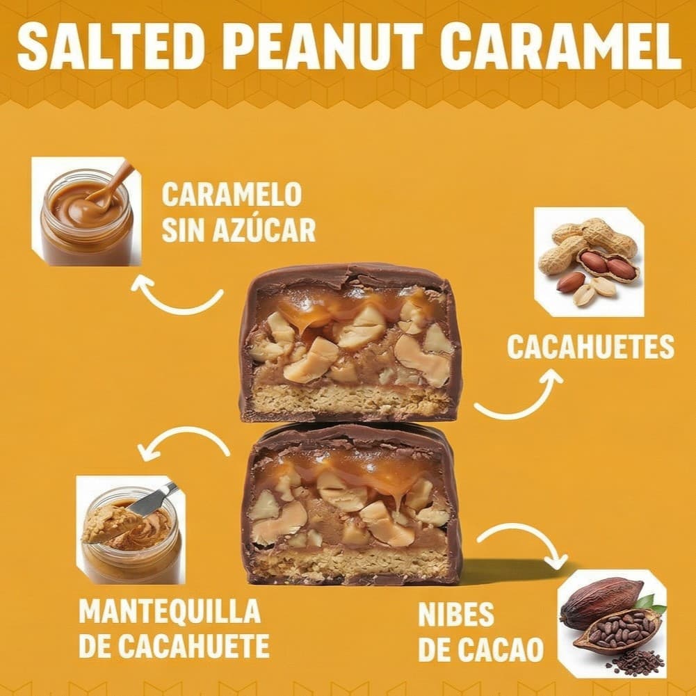 FCMG Salted Peanut Caramel Proteinriegel – Spanischsprachige Produktgrafik